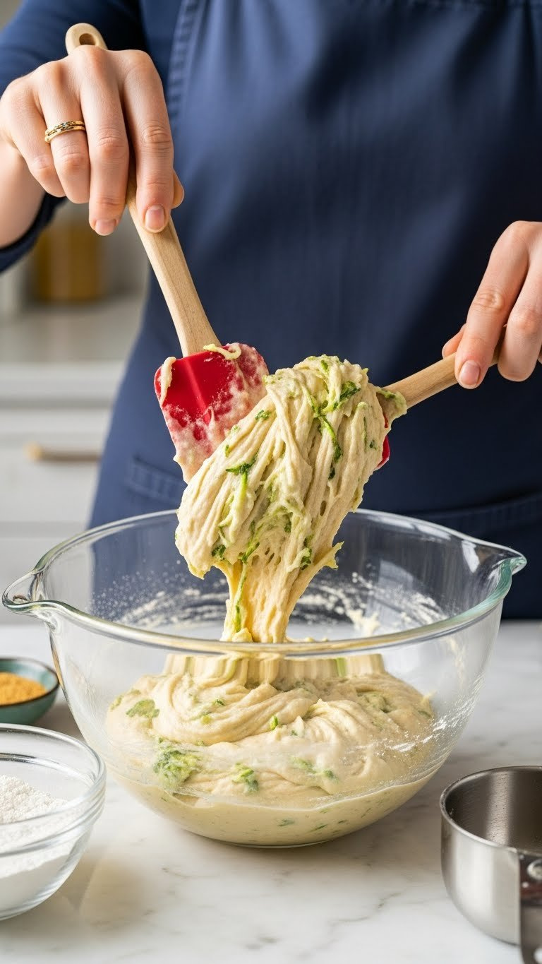 Thick Zucchini Cake Batter Being Folded With Red Silicone Spatula Showing Green Flecks And Integrated Consistency