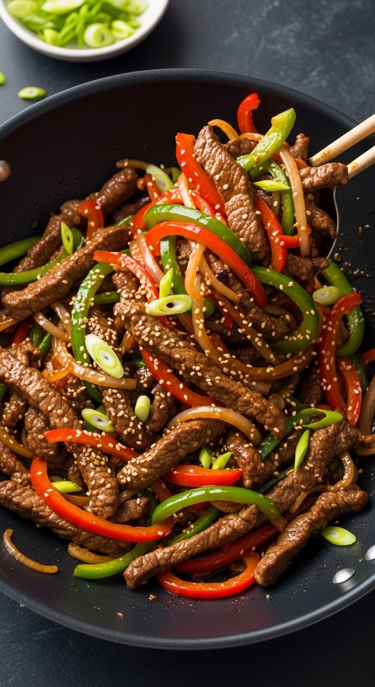 Thin Strips Of Seared Lamb Stir-Fried With Colorful Bell Peppers And Onions In A Glossy Black Wok.