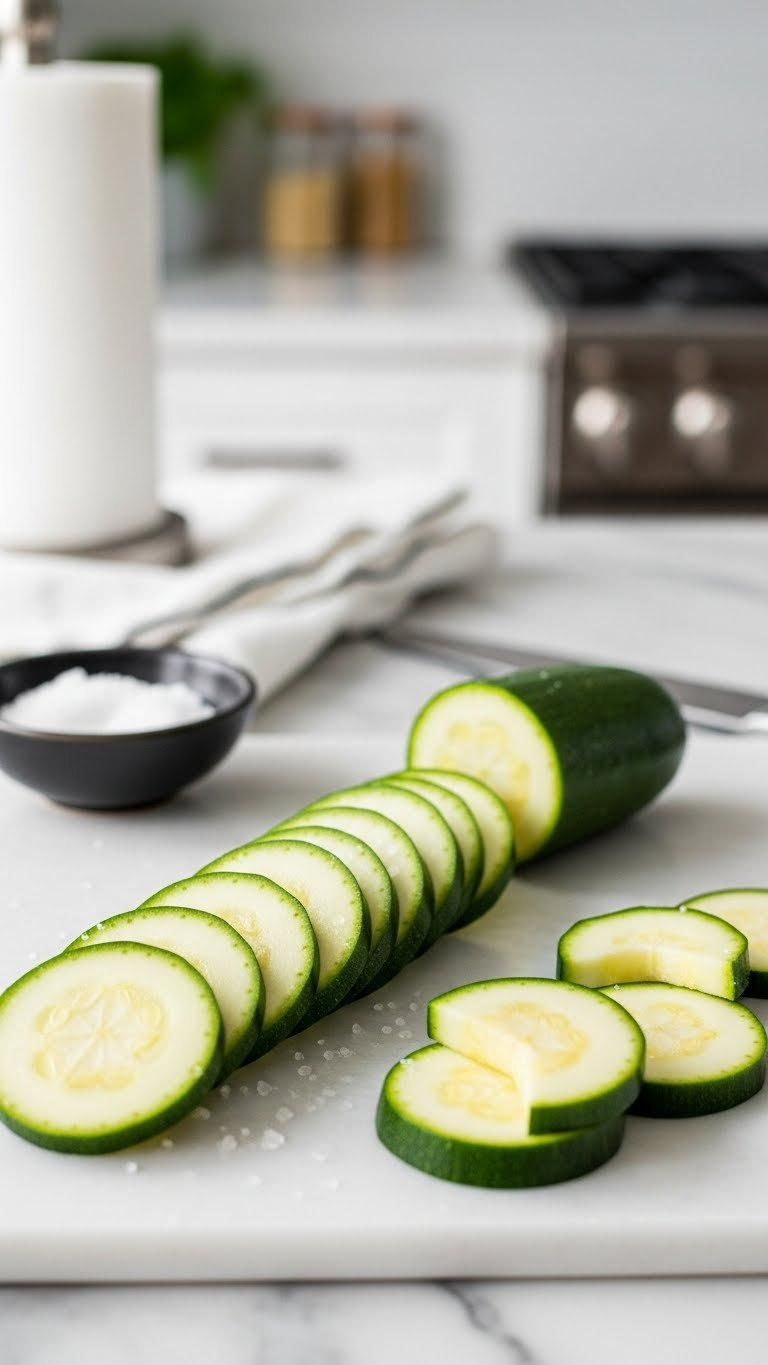 Thin Zucchini Rounds Sprinkled With Salt Crystals Arranged Neatly On A White Surface For Recipe Preparation