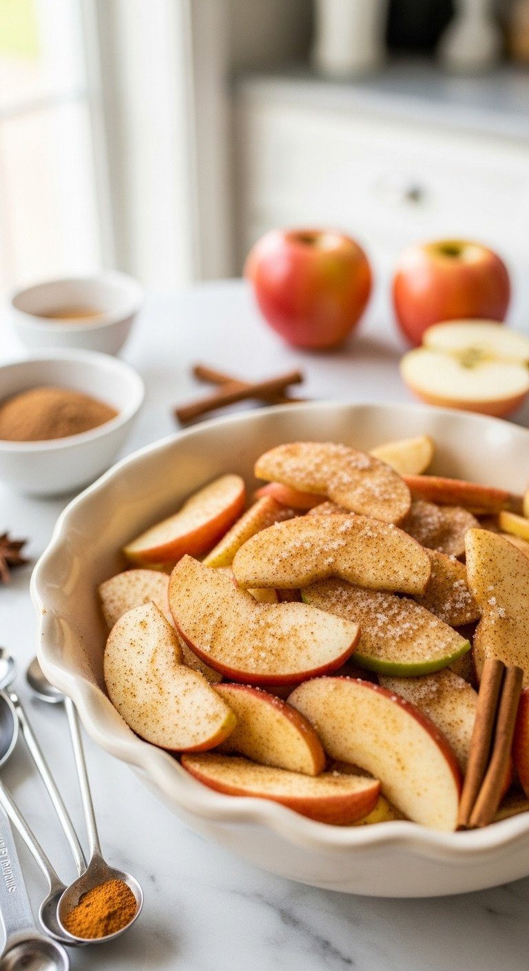 Thinly Sliced Granny Smith And Honeycrisp Apples Tossed In Spiced Sugar For Apple Crisp, Ready For Baking In A Ceramic Bowl. Kitchen Counter Setting.