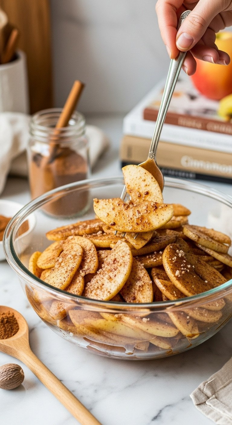 Thinly Sliced Apples Tossed With Cinnamon, Brown Sugar, Nutmeg In A Glass Bowl On Marble, With Spices And Wooden Spoon.