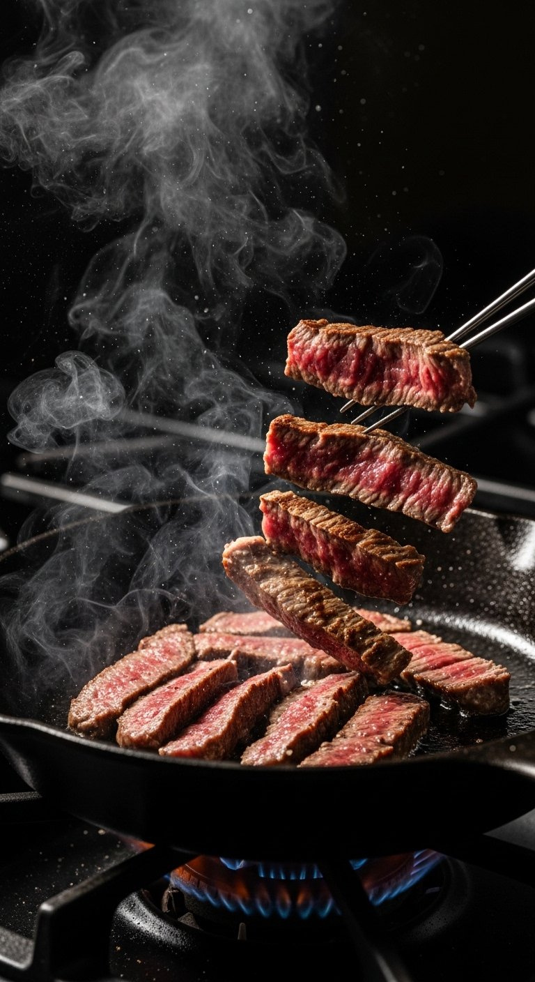 Thinly Sliced Beef Searing With Steam Rising In A Hot Cast Iron Skillet On A Gas Stove With Visible Flames.