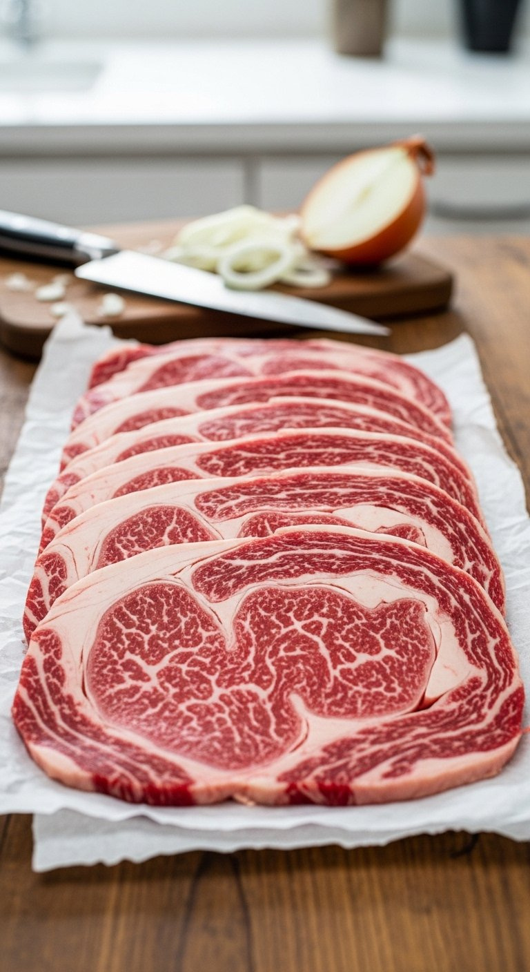 Thinly Sliced Marbled Ribeye Steak Arranged On Butcher Paper With A Chef's Knife And Sliced Onion On Wood.