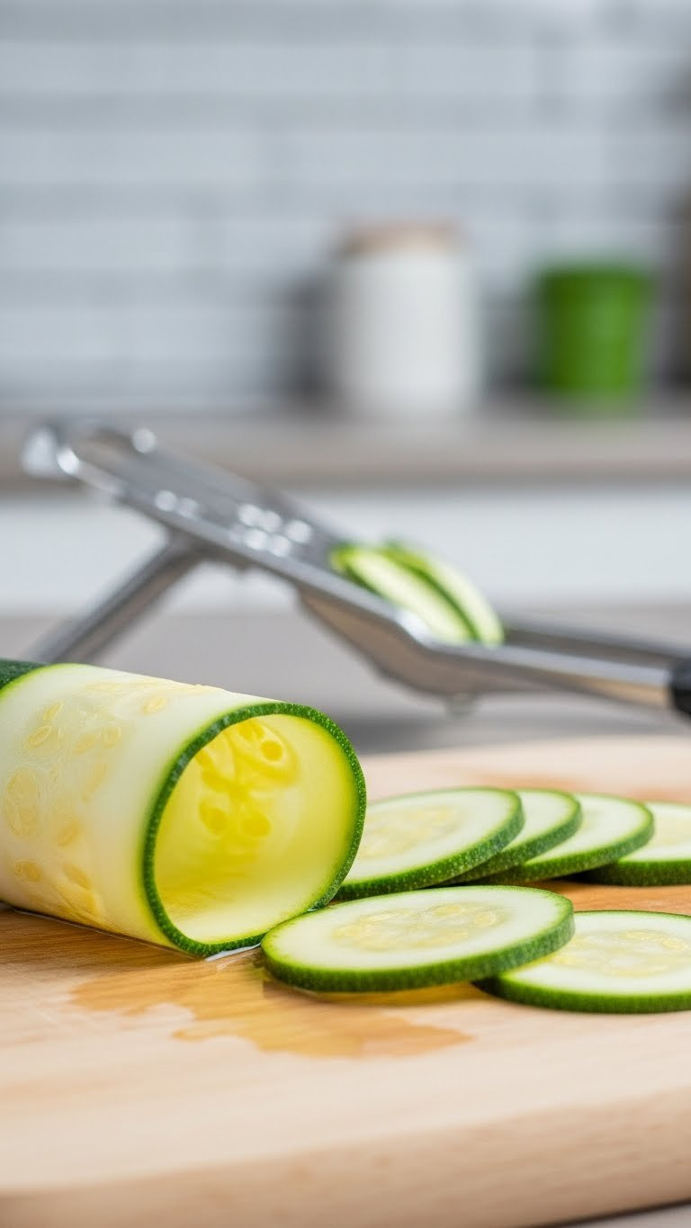 Thinly Sliced Translucent Zucchini Rounds On A Light Wooden Cutting Board With Mandoline Slicer In Background For Food Prep.