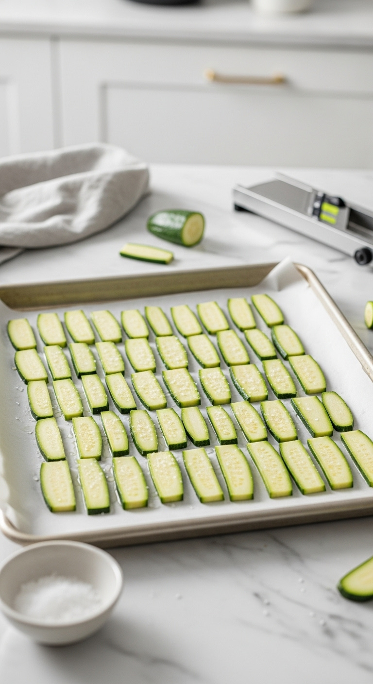 Thinly Sliced Zucchini On A Baking Sheet Showing Moisture From Salting With Salt And Mandoline On A Marble Countertop Under Studio Light