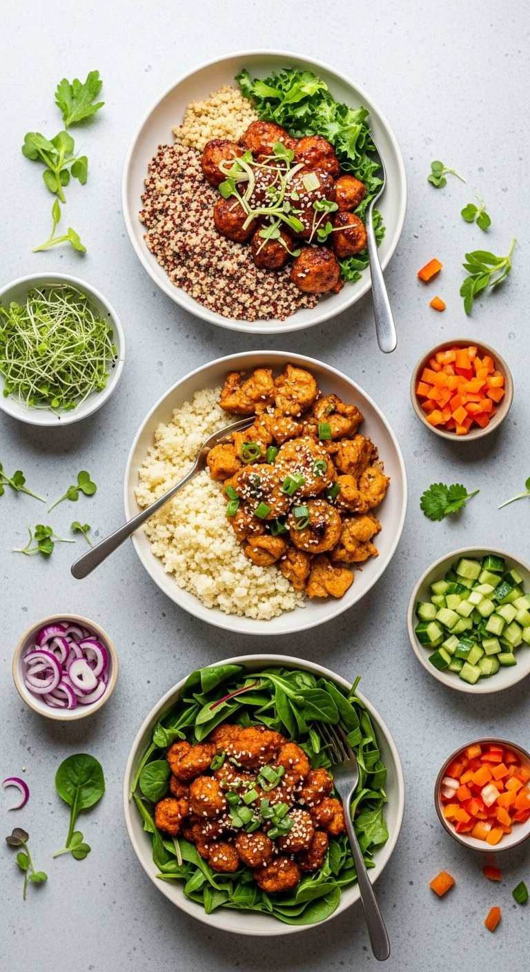 Three Bang Bang Chicken Bowls With Quinoa, Cauliflower Rice, And Salad Greens Arranged On A Light Gray Surface.
