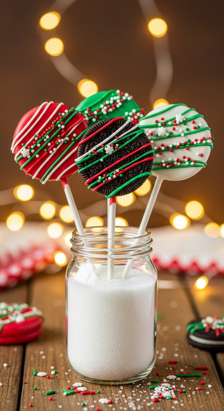 Three Christmas Oreo Pops In Red, Green, And White, Decorated With Sprinkles And Standing In A Jar Of Sugar Snow.