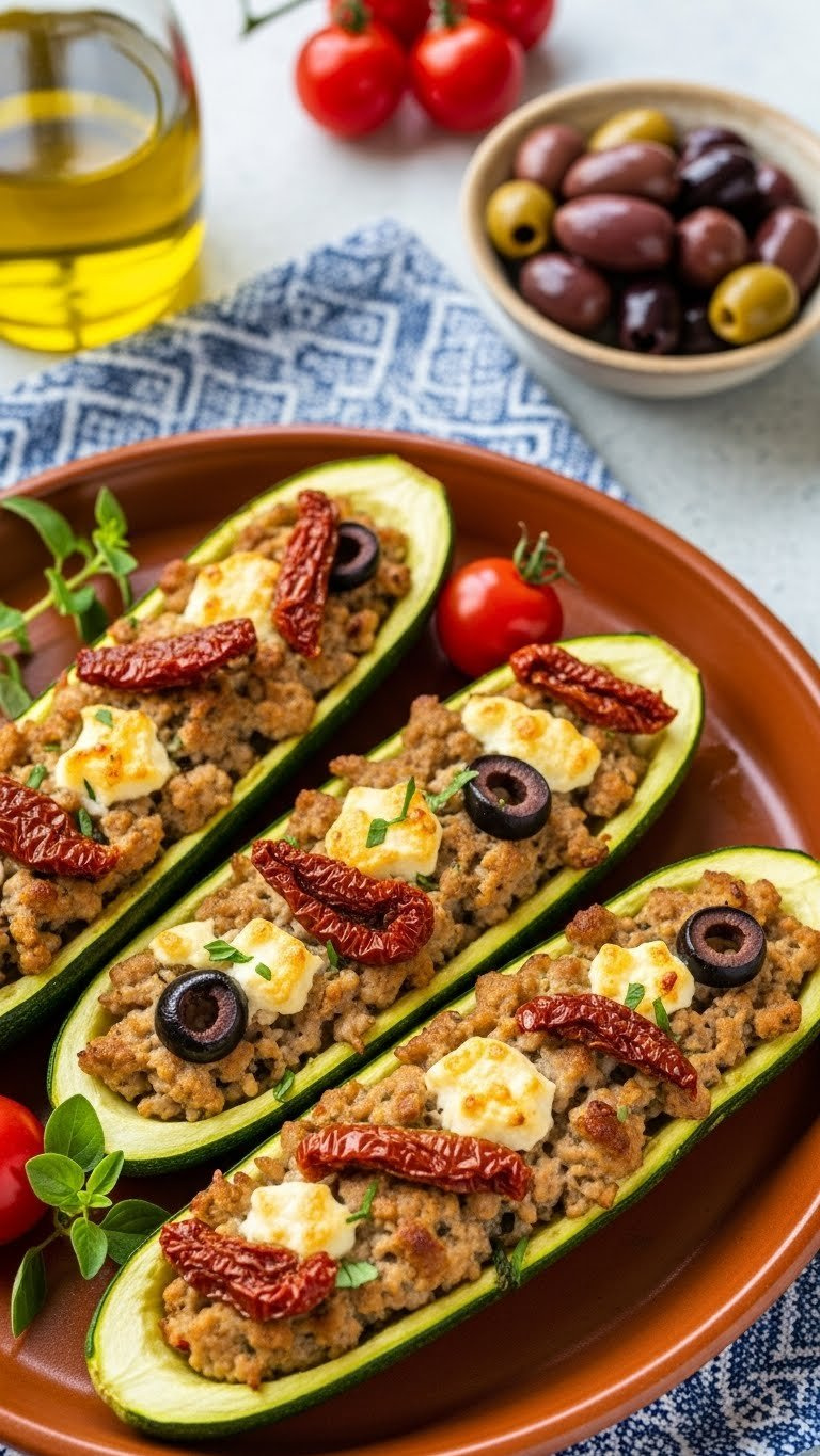 Three Mediterranean Zucchini Boats With Ground Turkey Feta Cheese Filling Featuring Sun-Dried Tomatoes Olives On Terracotta Platter