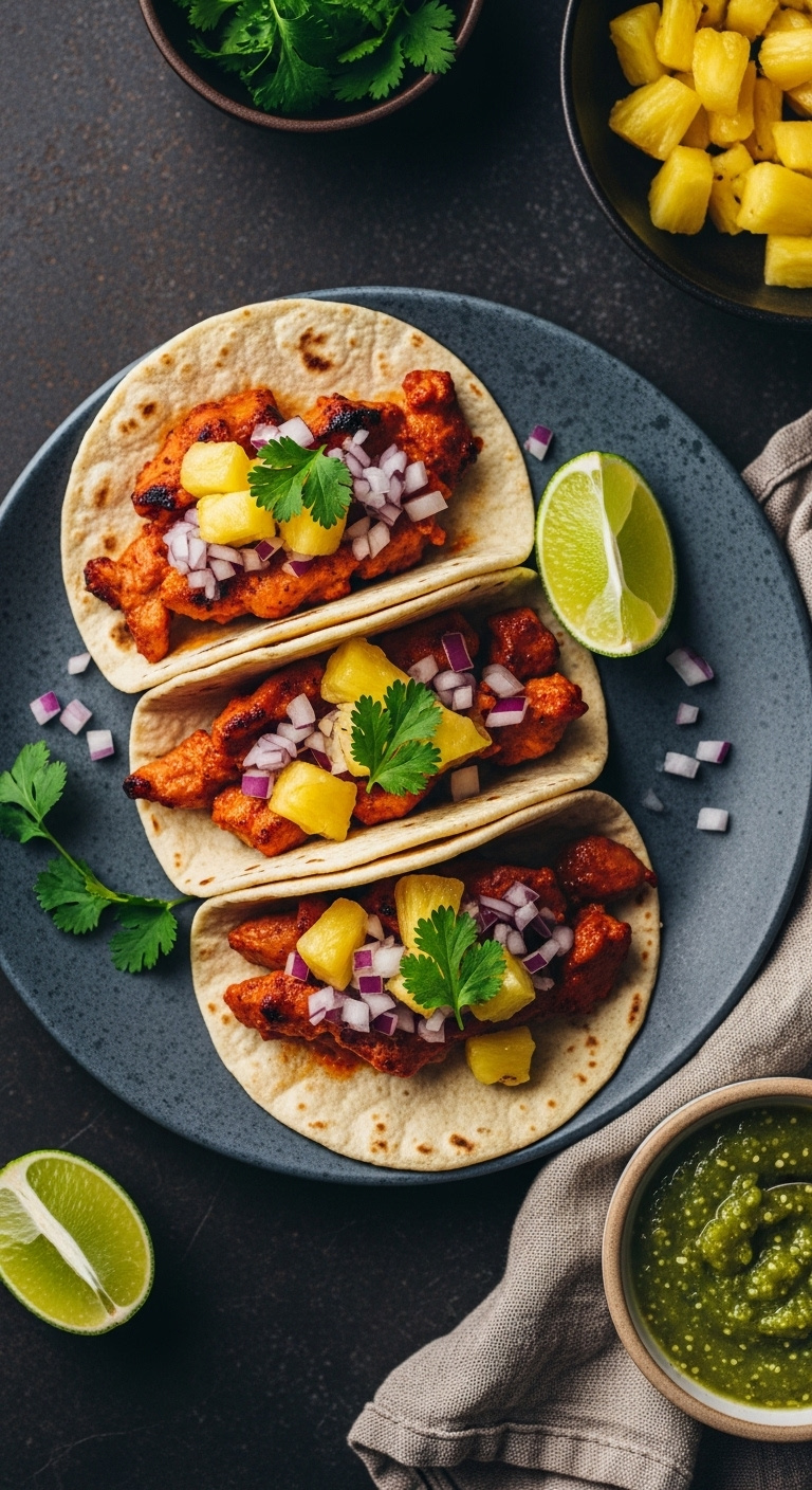 Three Speedy Tacos Al Pastor With Marinated Pork Grilled Pineapple Onion And Cilantro On A Slate Platter With Salsa Verde And Lime