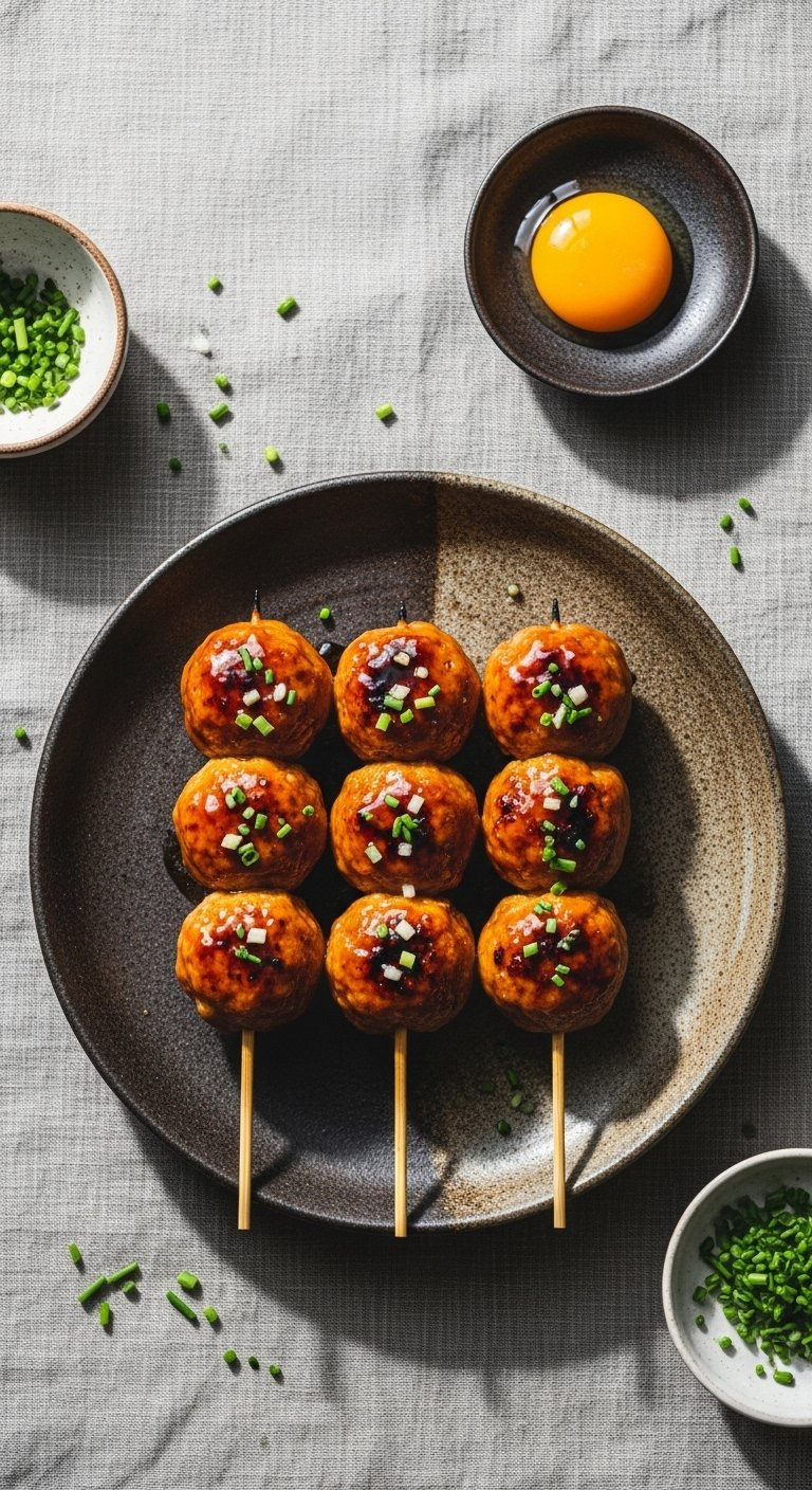 Three Tsukune Chicken Meatball Skewers Glazed With Thick Tare Sauce Served With Raw Egg Yolk On Dark Pottery.