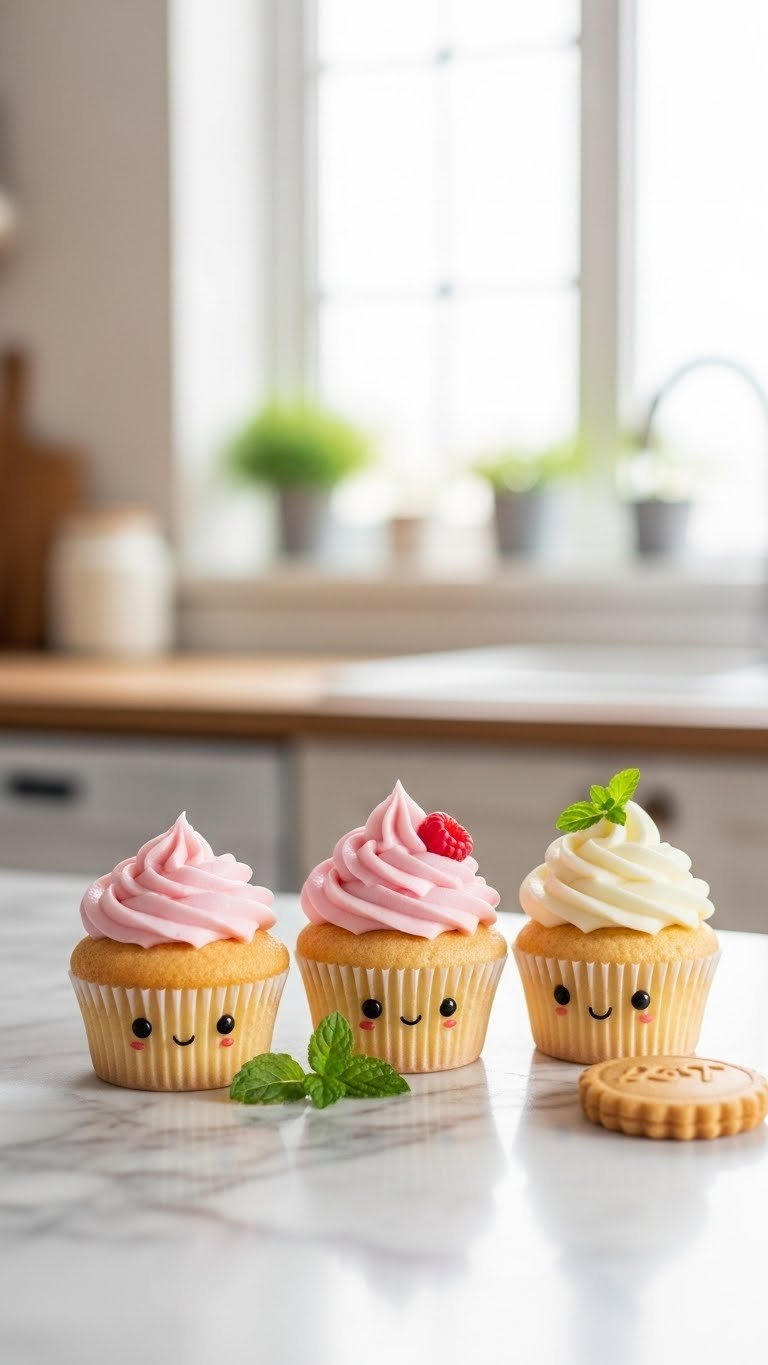 Three Adorable Anthropomorphic Cupcakes With Pastel Frosting And Facial Expressions On Marble Countertop In Soft Natural Lighting