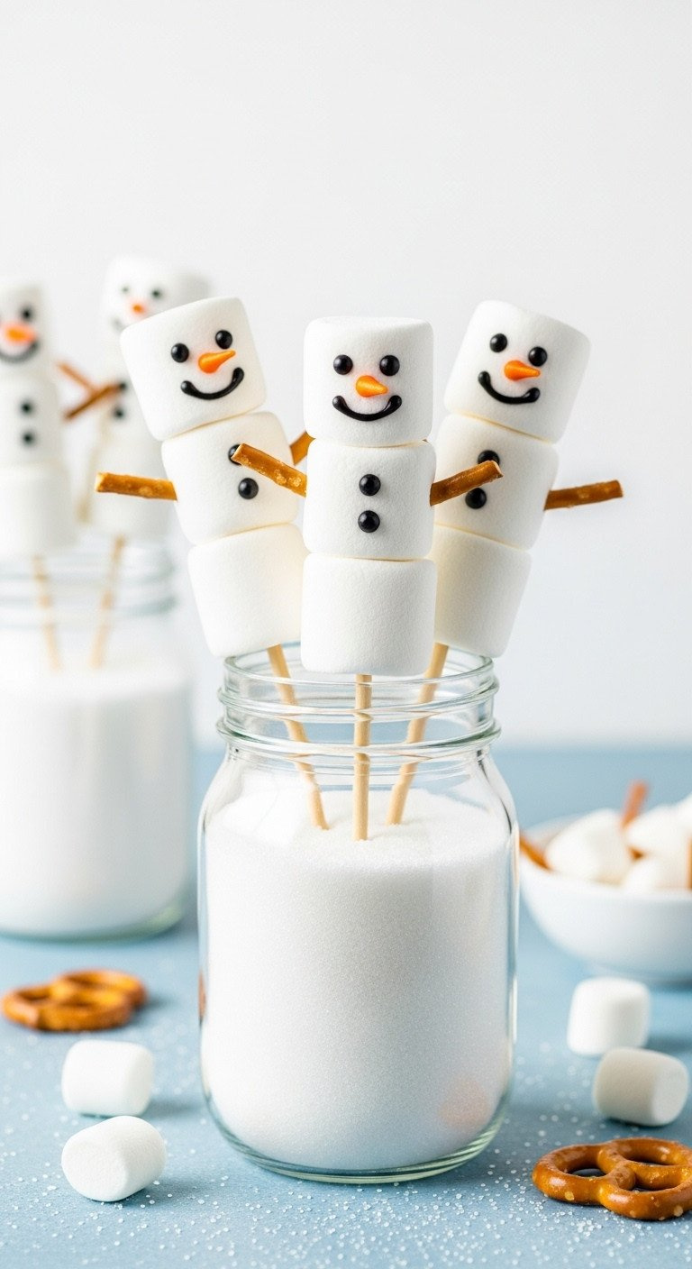 Three Adorable Marshmallow Snowmen On Sticks With Pretzel Arms And Icing Faces, Standing In A Jar On A Blue Surface.