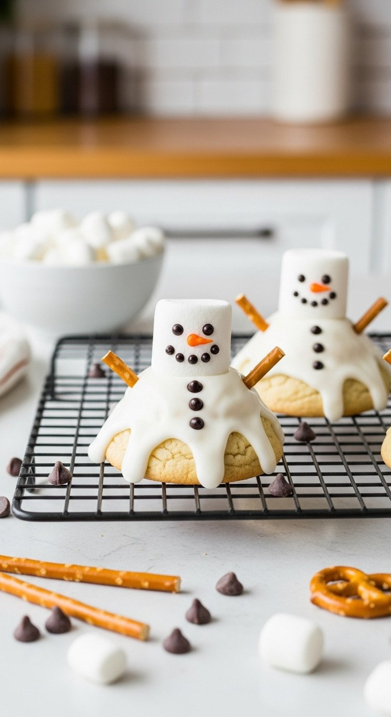 Three Adorable Melted Snowman Cookies With Icing, Marshmallow Heads, And Pretzel Arms Sit On A Wire Cooling Rack.