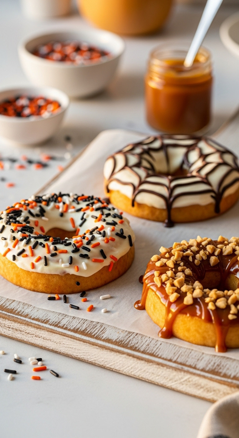 Three Apple 'Donut' Rings With Cream Cheese, Chocolate Spiderweb, And Caramel Toppings On A Rustic Cutting Board. Festive Halloween Apple Treats.