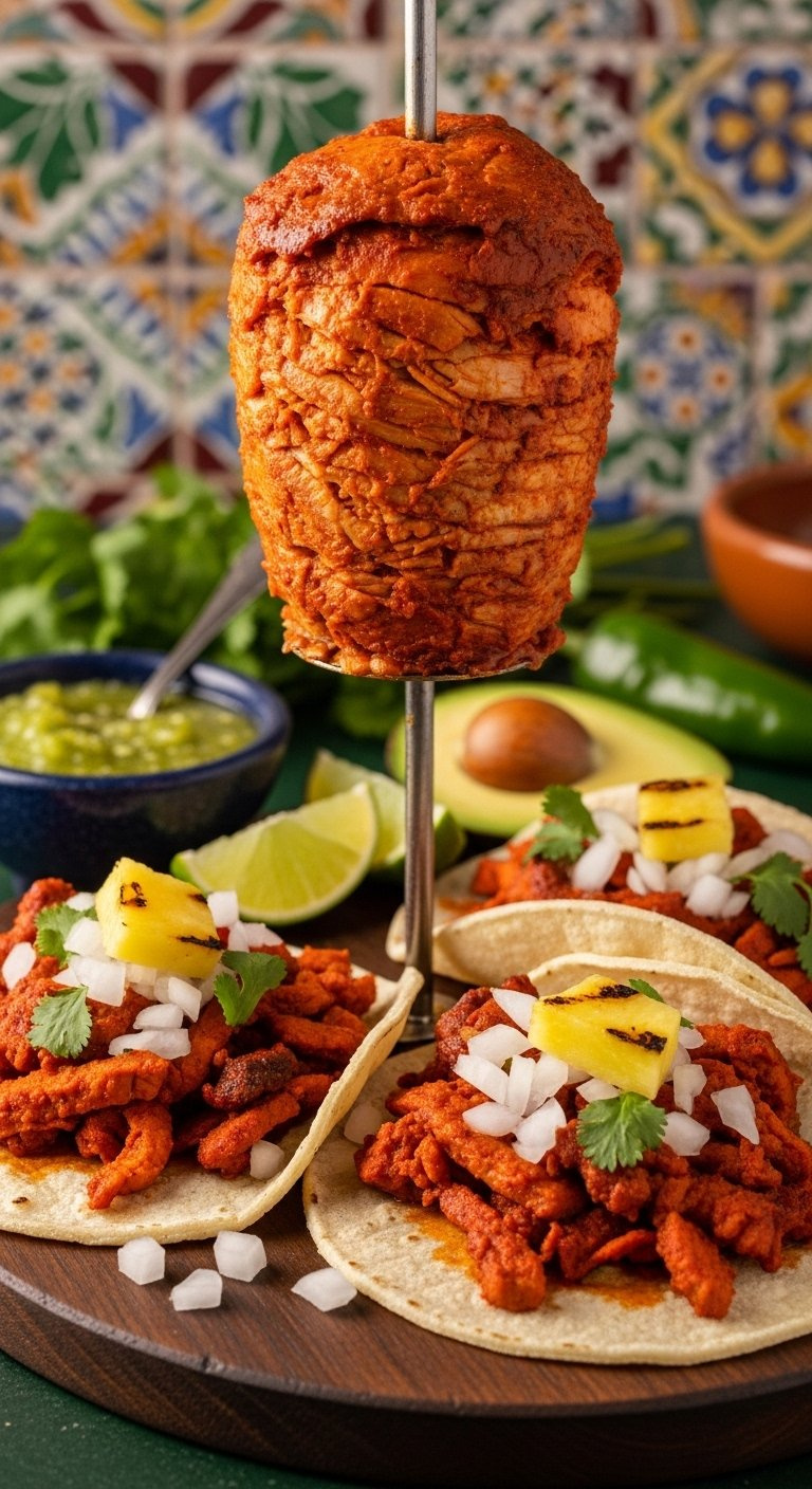 Three Authentic Tacos Al Pastor With Marinated Pork, Pineapple, And Cilantro Served On A Rustic Wooden Board.