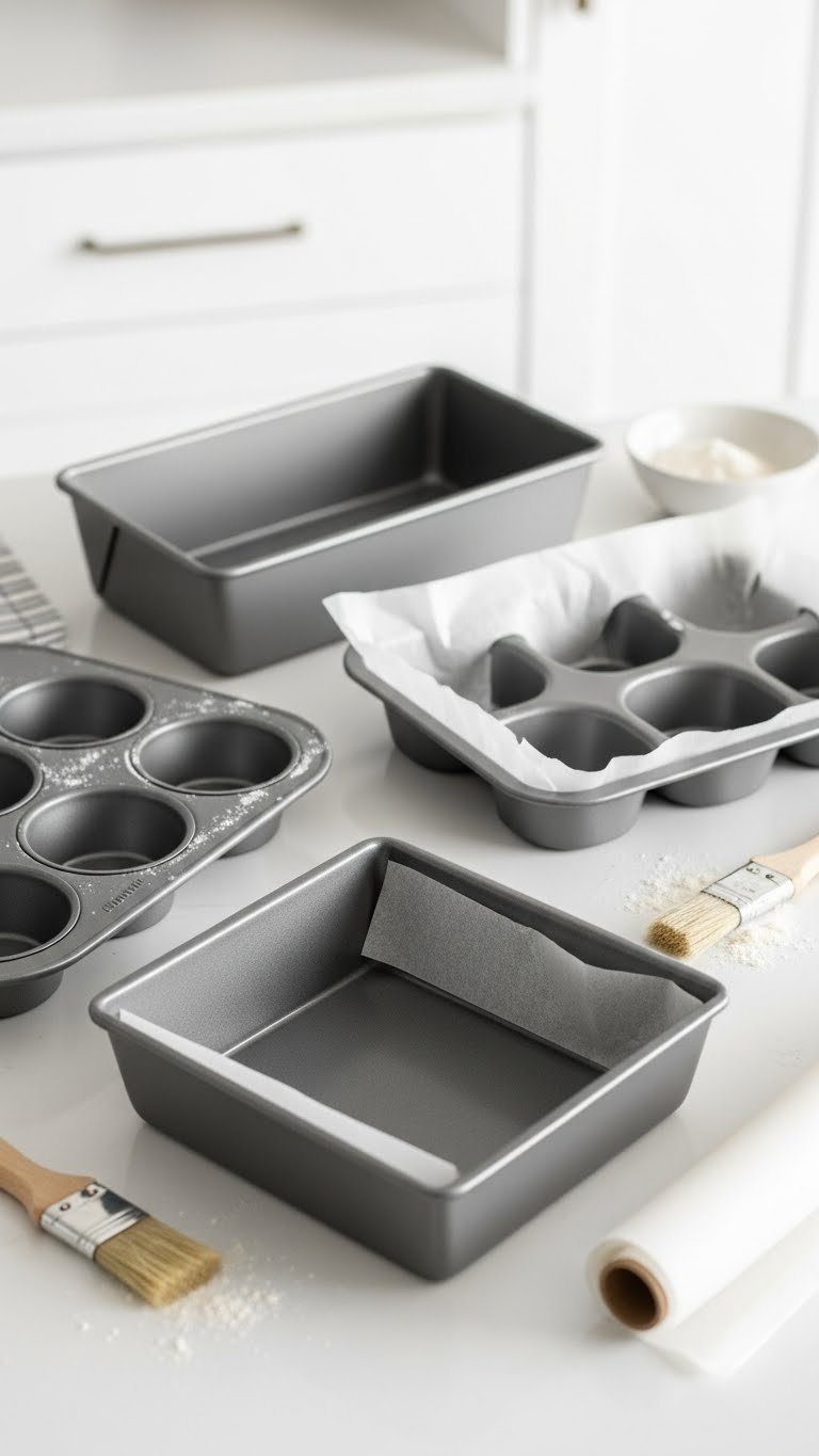 Three Baking Pans Including Loaf Pan, Muffin Tin, And Brownie Pan Greased And Ready For Batter