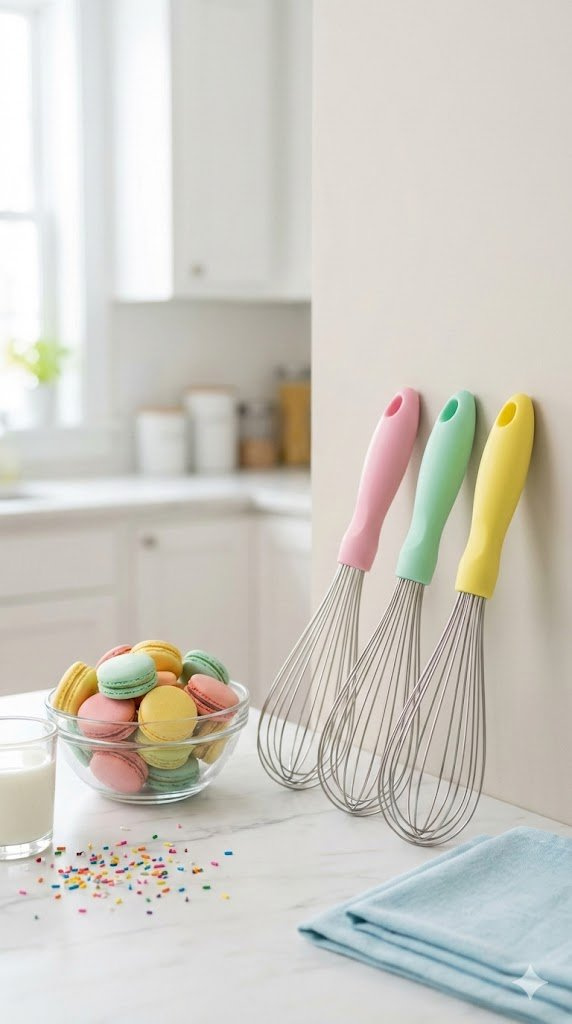 Three Balloon Whisks With Vibrant Pastel Handles Leaning Against Wall Next To Bowl Of Colorful Macarons.