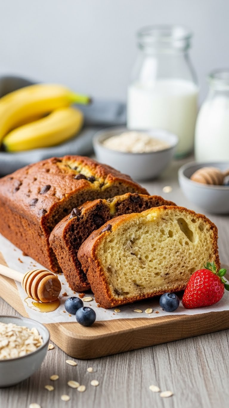 Three Banana Zucchini Bread Variations On Wooden Board With Berries And Honey Drizzle