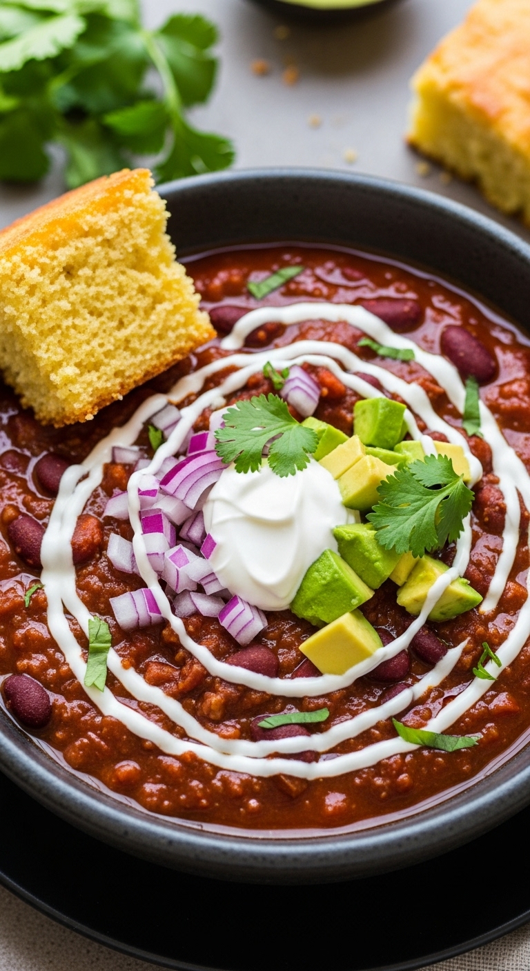 Three Bean Chili With Avocado, Sour Cream, Cilantro And Cornbread