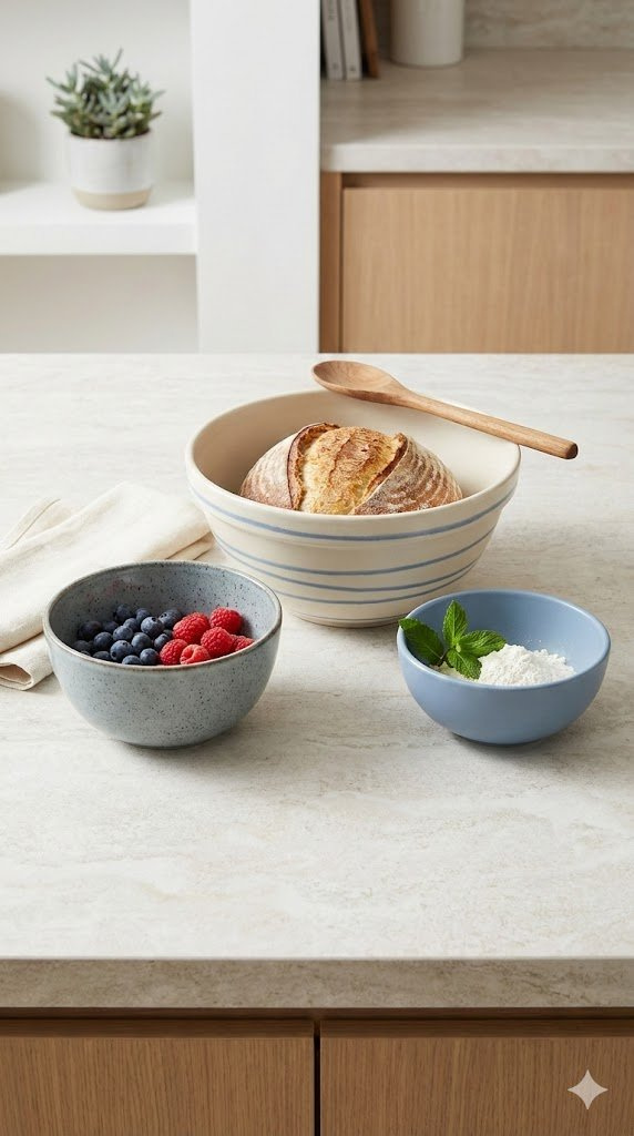 Three Ceramic Mixing Bowls With Minimalist Designs Containing Dough And Fresh Berries On Light Stone Surface.