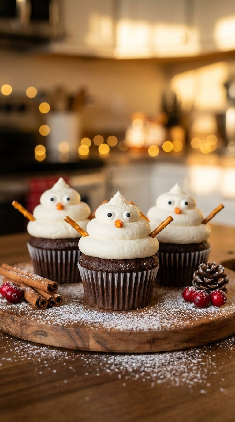 Three Chocolate Cupcakes Decorated As Snowmen With White Buttercream, Candy Eyes, And Pretzel Stick Arms