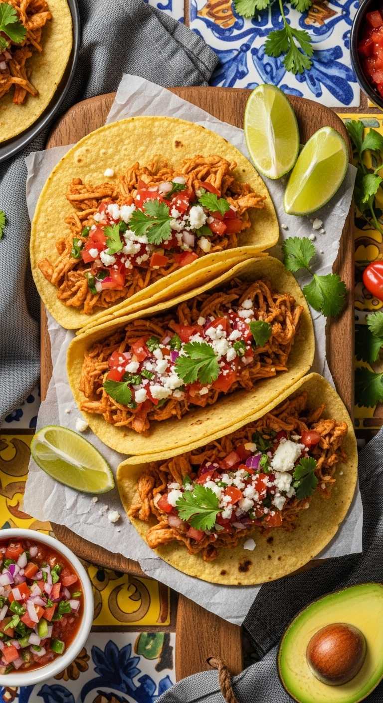 Three Corn Tortillas Filled With Slow Cooker Shredded Chicken, Pico De Gallo, Cotija Cheese, And Cilantro On A Wooden Board.