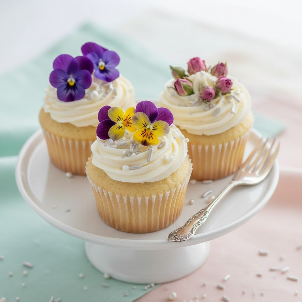 Three Cupcakes Topped With Edible Flowers And Iridescent Sprinkles Displayed On Simple White Cupcake Stand