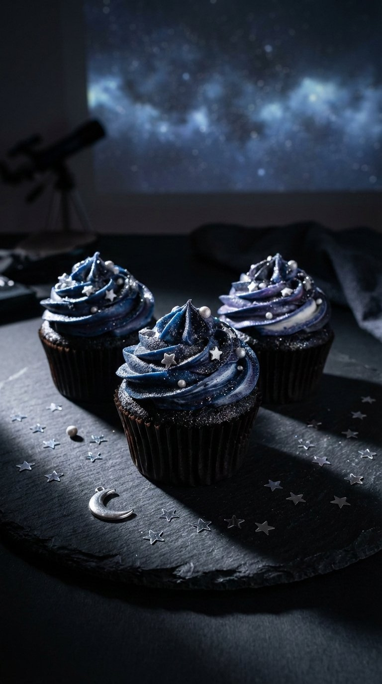 Three Dark Cosmic Galaxy Cupcakes With Swirling Blue, Purple, And Black Frosting With Edible Glitter Stars