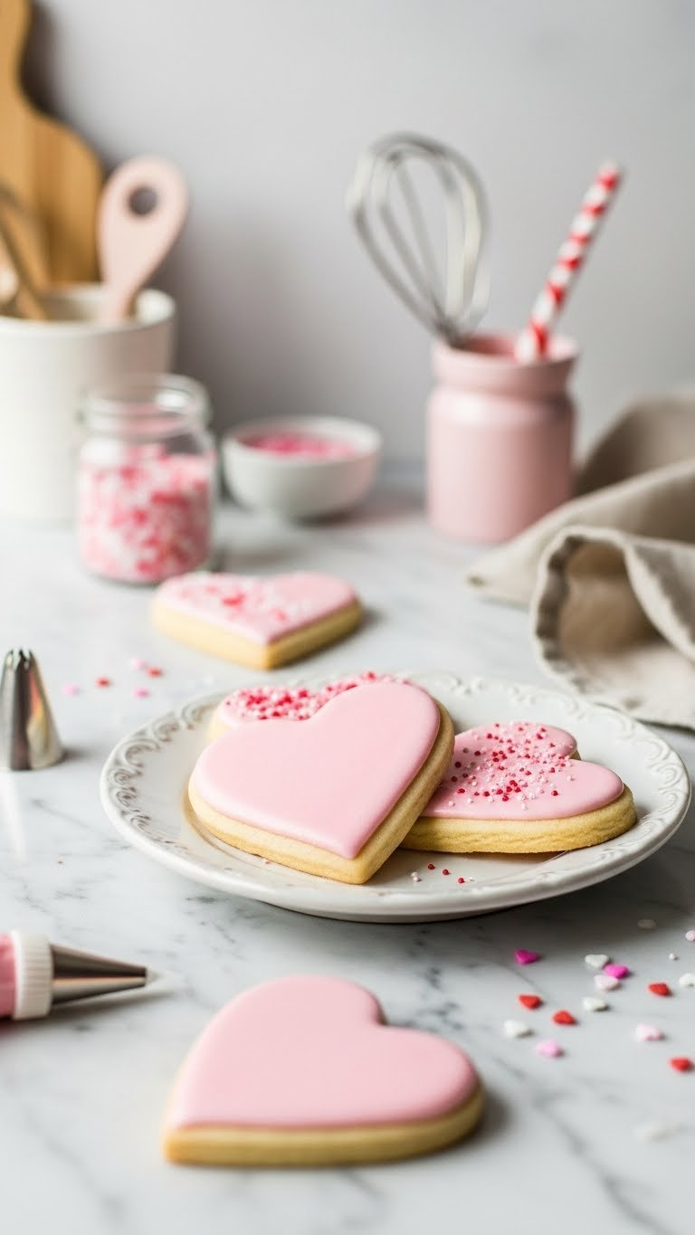 Three Delicately Frosted Heart-Shaped Sugar Cookies With Royal Icing And Sprinkles Arranged On Vintage Ceramic Plate
