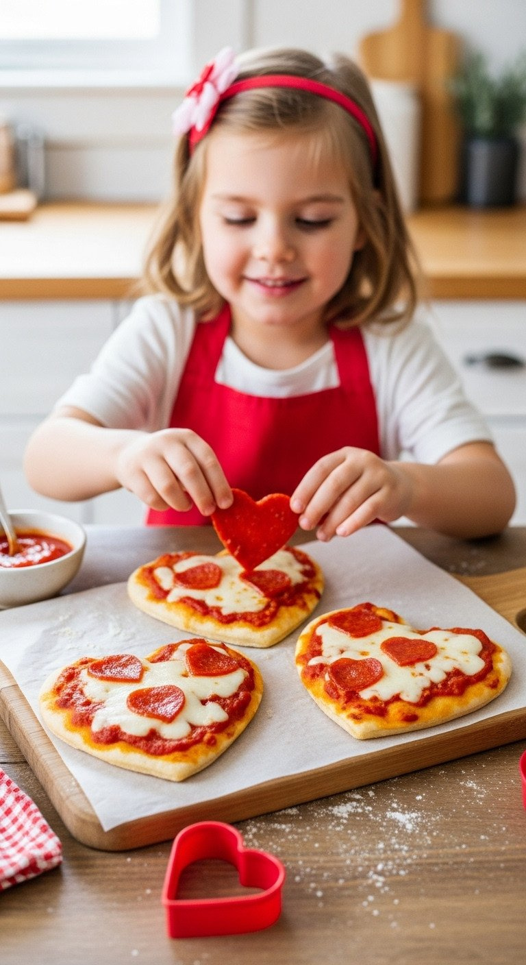 Three Delicious Heart-Shaped Mini Pizzas With Pepperoni And Mozzarella On A Wooden Board, Perfect For Valentine's Kids.