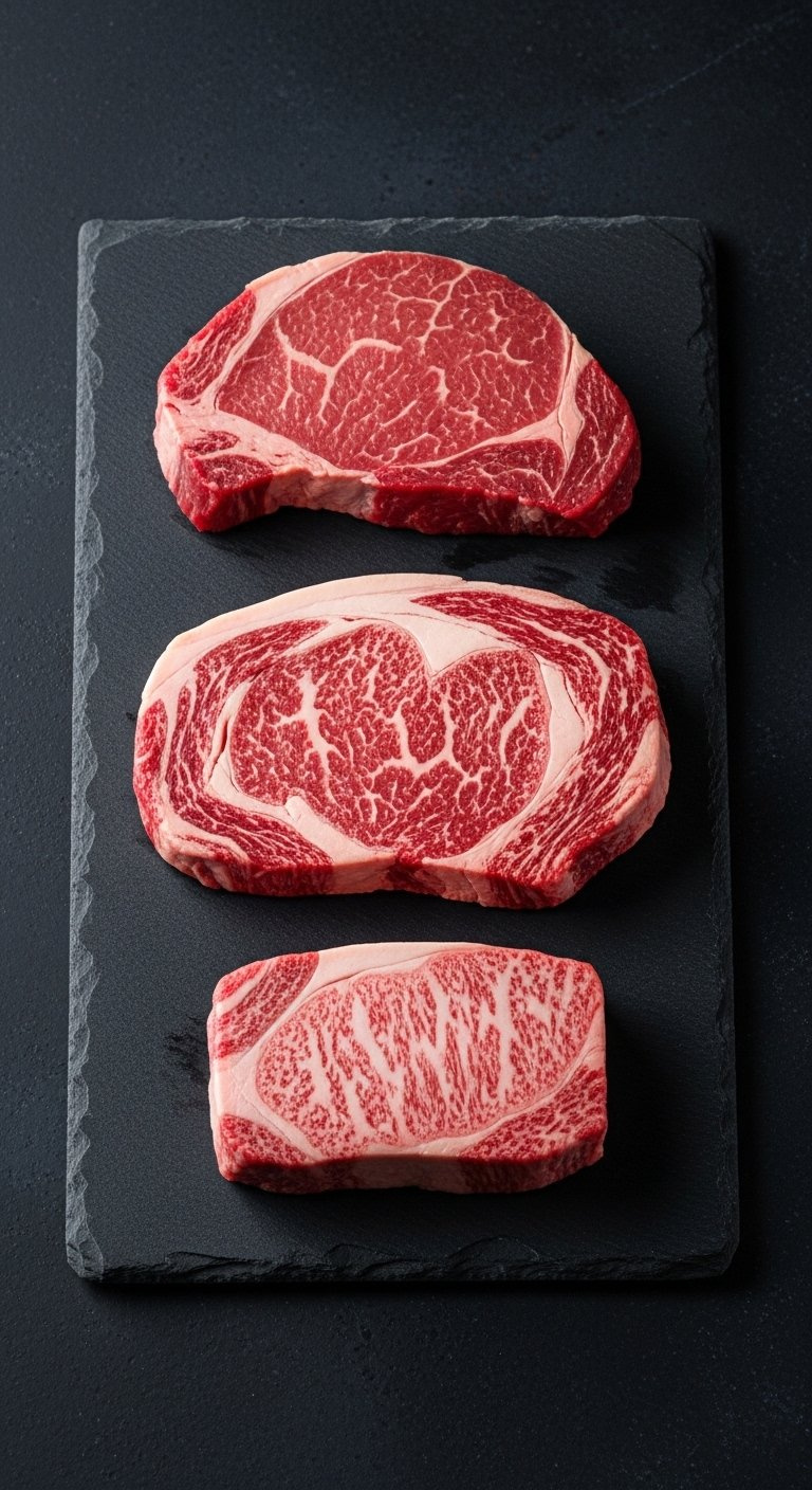 Three Different Cuts Of Raw Beef Including Sirloin, Ribeye, And A5 Wagyu Displayed On A Dark Slate Board.