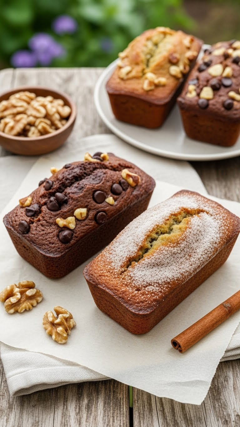 Three Flavored Zucchini Bread Mini Loaves Showing Walnut, Chocolate Chip, And Cinnamon Variations Arranged Artfully