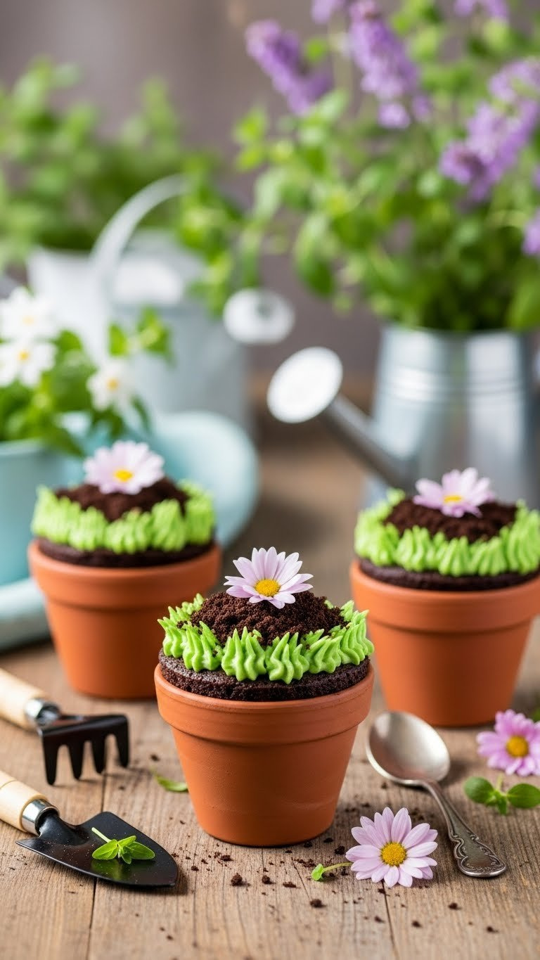 Three Flower Pot Brownie Desserts With Green Frosting Grass And Edible Flowers In Mini Terracotta Pots.