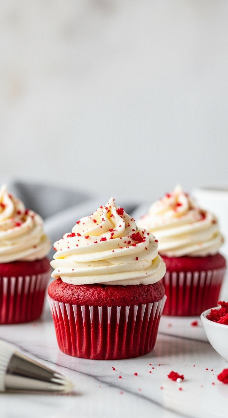 Three Fluffy Mini Red Velvet Cupcakes With Creamy White Cream Cheese Frosting And Edible Glitter. Cozy Gourmet Dessert.