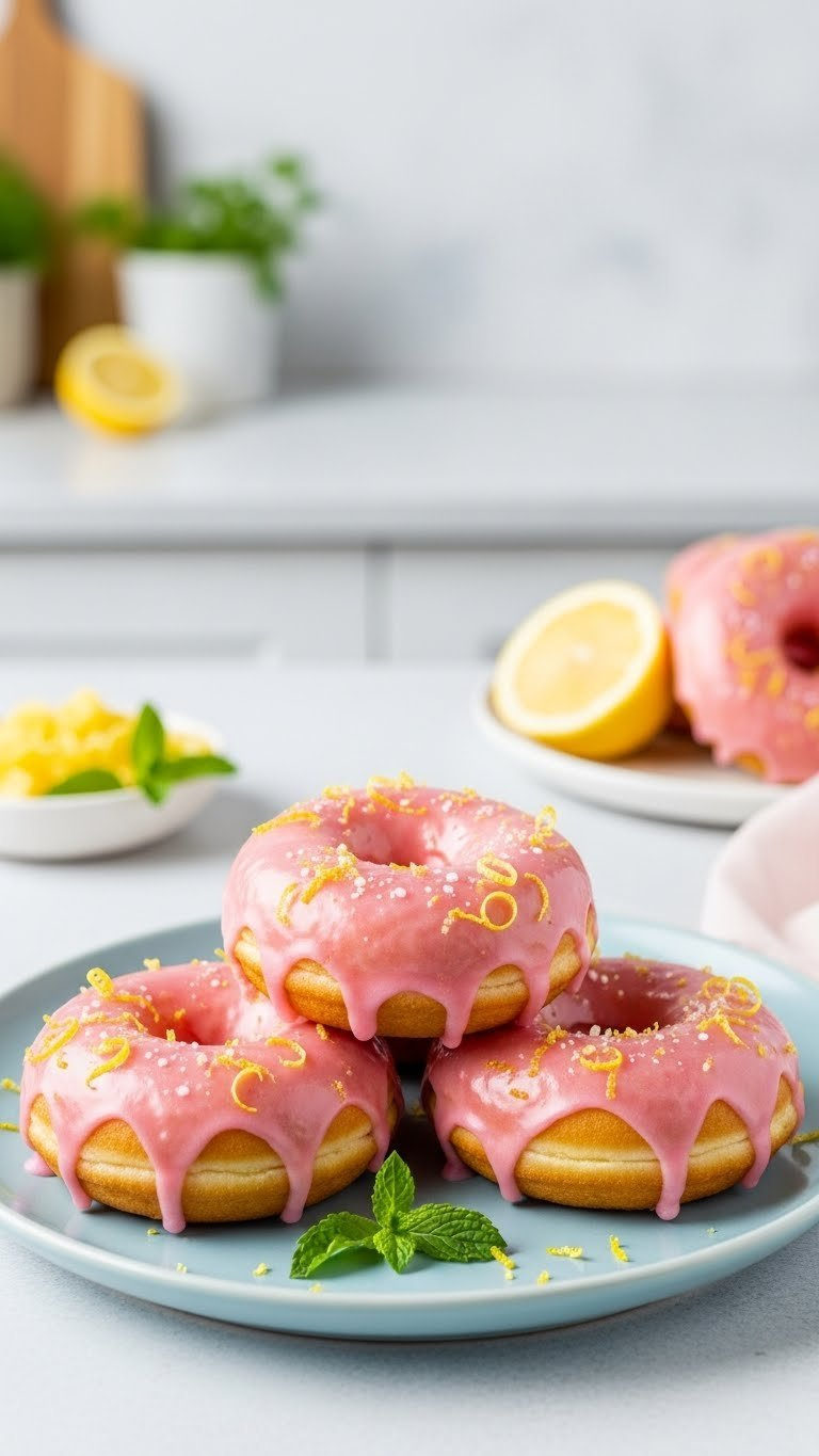 Three Fluffy Pink Lemonade Donuts With Candied Lemon Zest And Edible Glitter On Blue Ceramic Plate