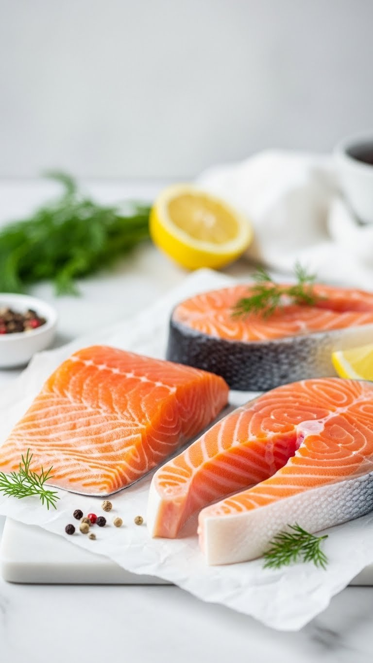 Three Fresh Salmon Fillets Arranged On White Butcher Paper With Dill, Peppercorns, And Lemon Garnish