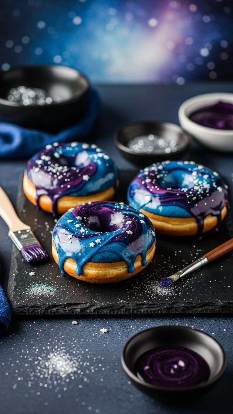 Three Galaxy Glazed Donuts With Deep Blue And Purple Swirls And Edible Silver Glitter Stars.