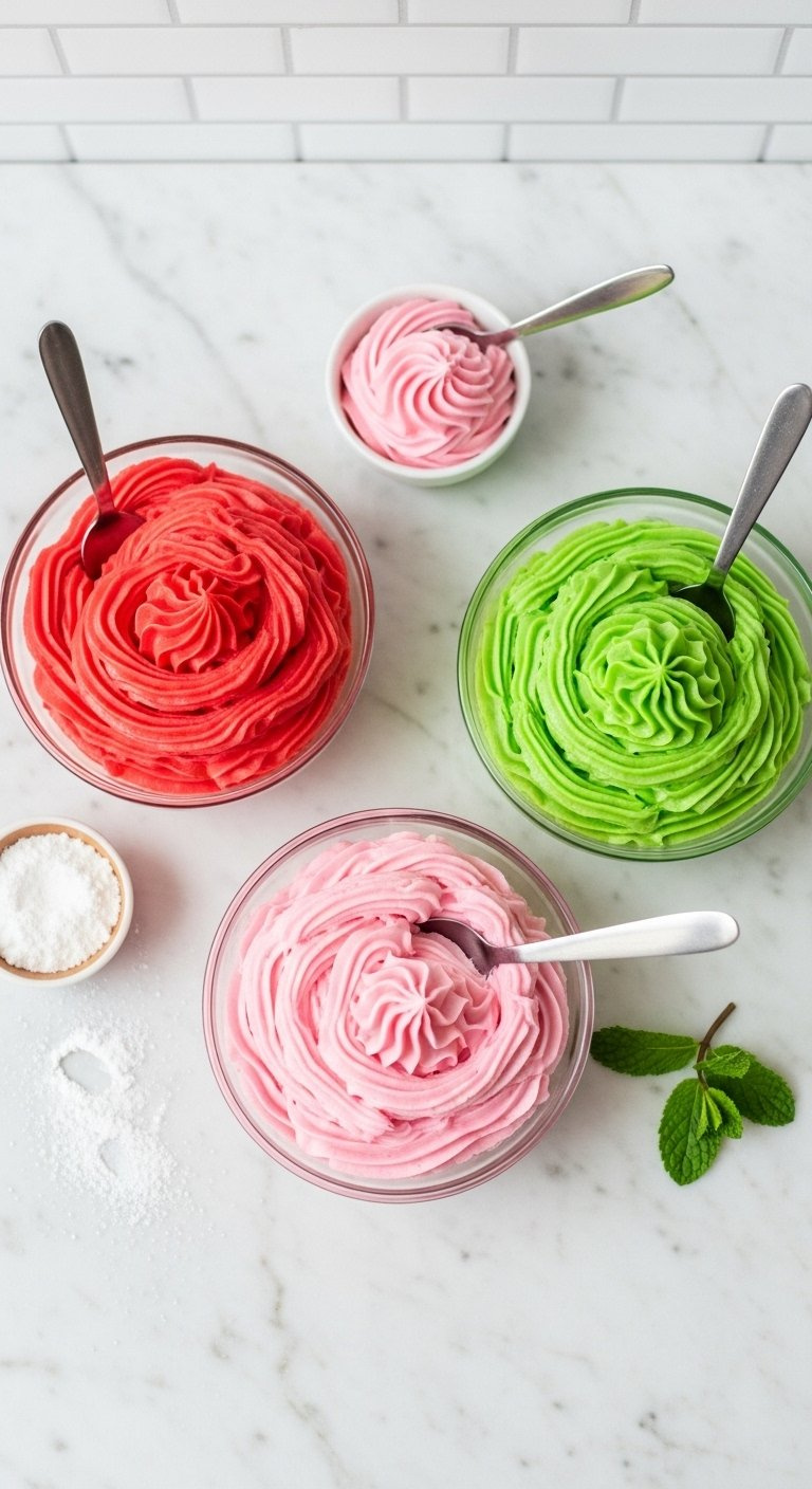 Three Glass Bowls Filled With Vibrant Red, Pink, And Green Buttercream Frosting On Marble.