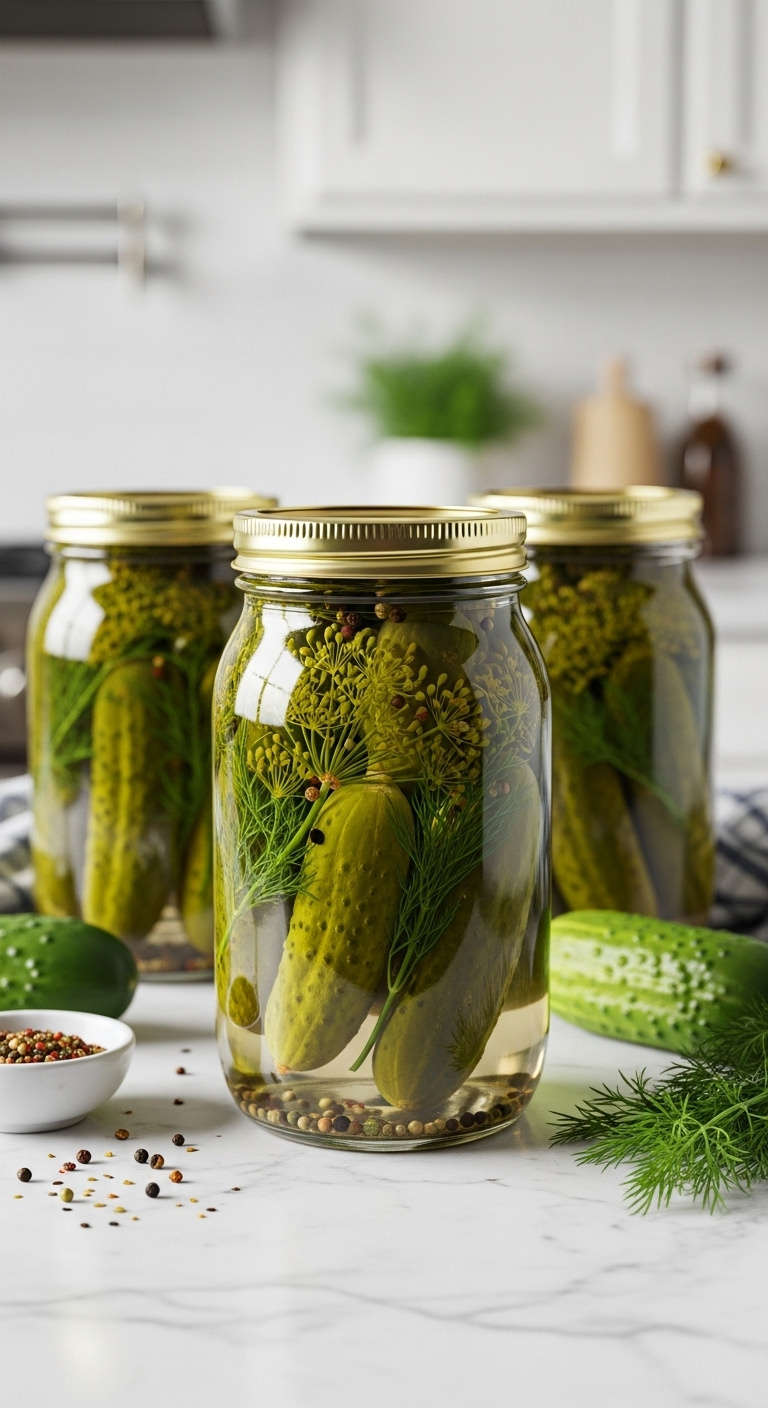 Three Glass Jars Of Vibrant Green Crunchy Dill Pickles With Dill And Peppercorns On A White Marble Countertop With Spices And Cucumbers