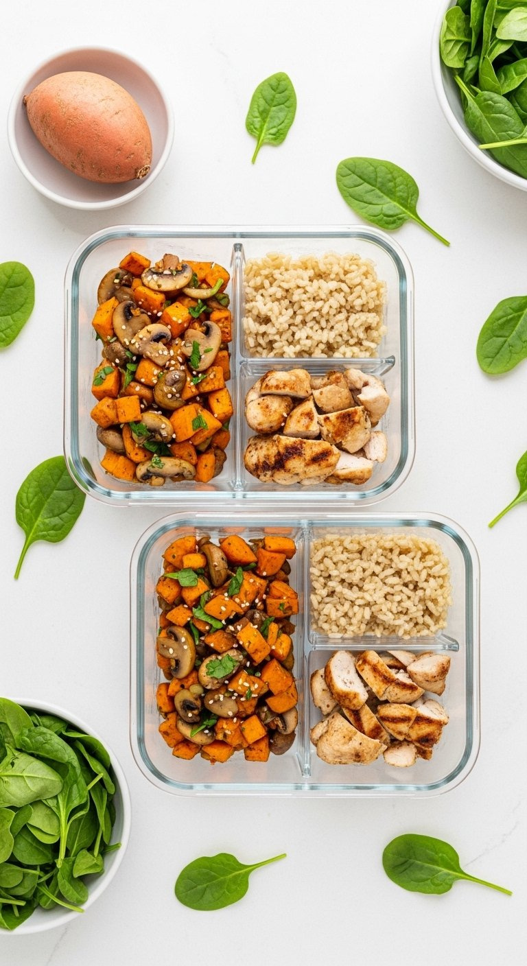 Three Glass Meal Prep Containers Each Filled With Sweet Potato Mushroom Stir-Fry Grilled Chicken And Fluffy Brown Rice.