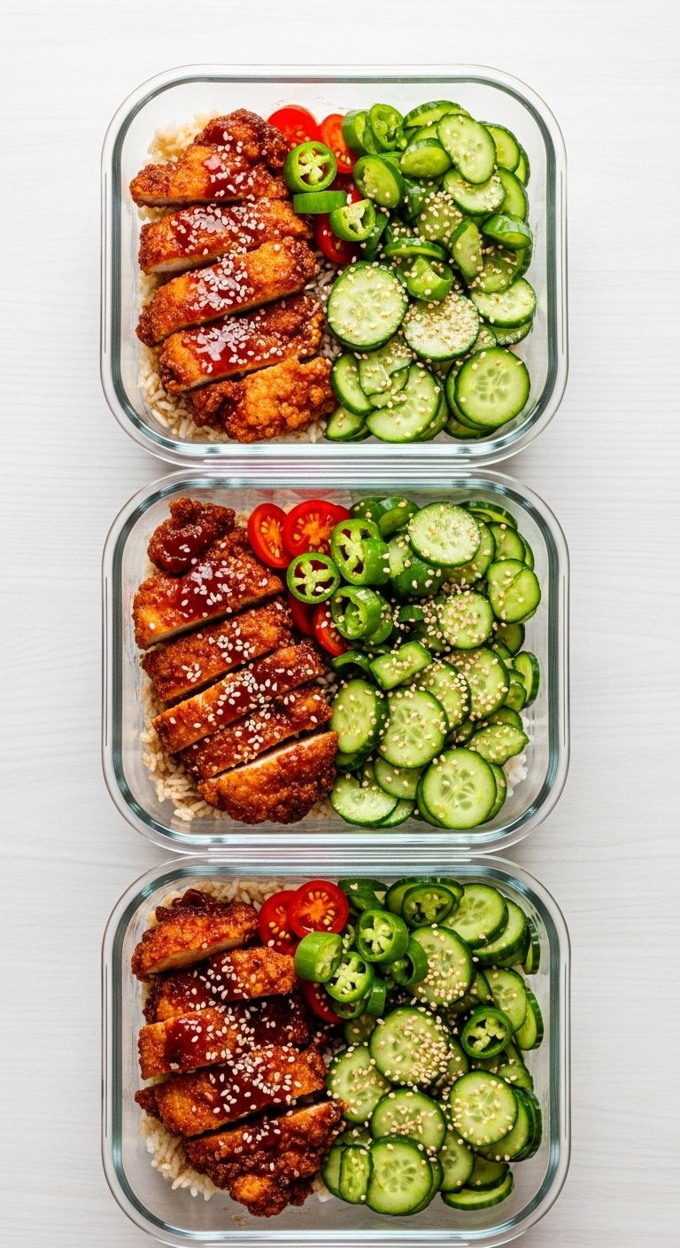 Three Glass Meal Prep Containers Filled With Korean Bbq Chicken Bowls With Rice And Cucumber Salad.