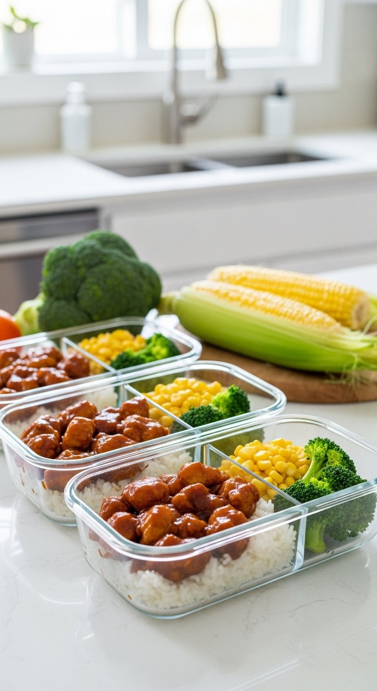 Three Glass Meal Prep Containers Filled With Honey Bbq Chicken Rice Corn And Broccoli.