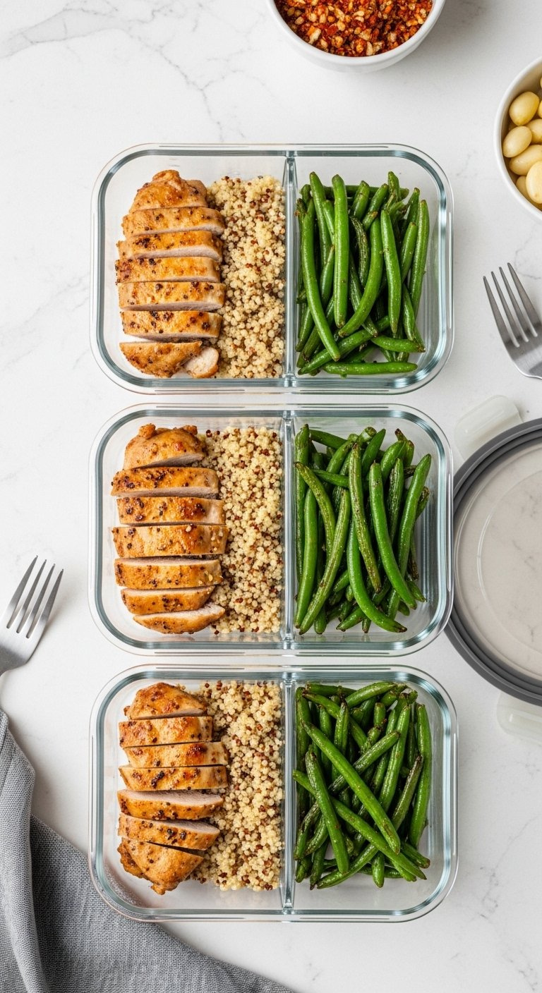 Three Glass Meal Prep Containers Filled With Honey Garlic Chicken, Quinoa, And Roasted Green Beans On A Counter.
