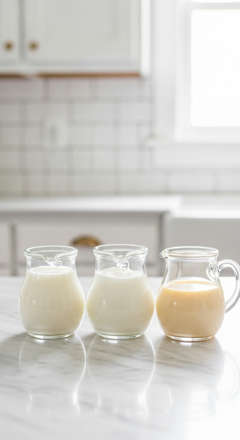 Three Glass Pitchers: Whole Milk, Heavy Cream, Sweetened Condensed Milk On A Bright Marble Counter. Recipe Dairy Ingredients.