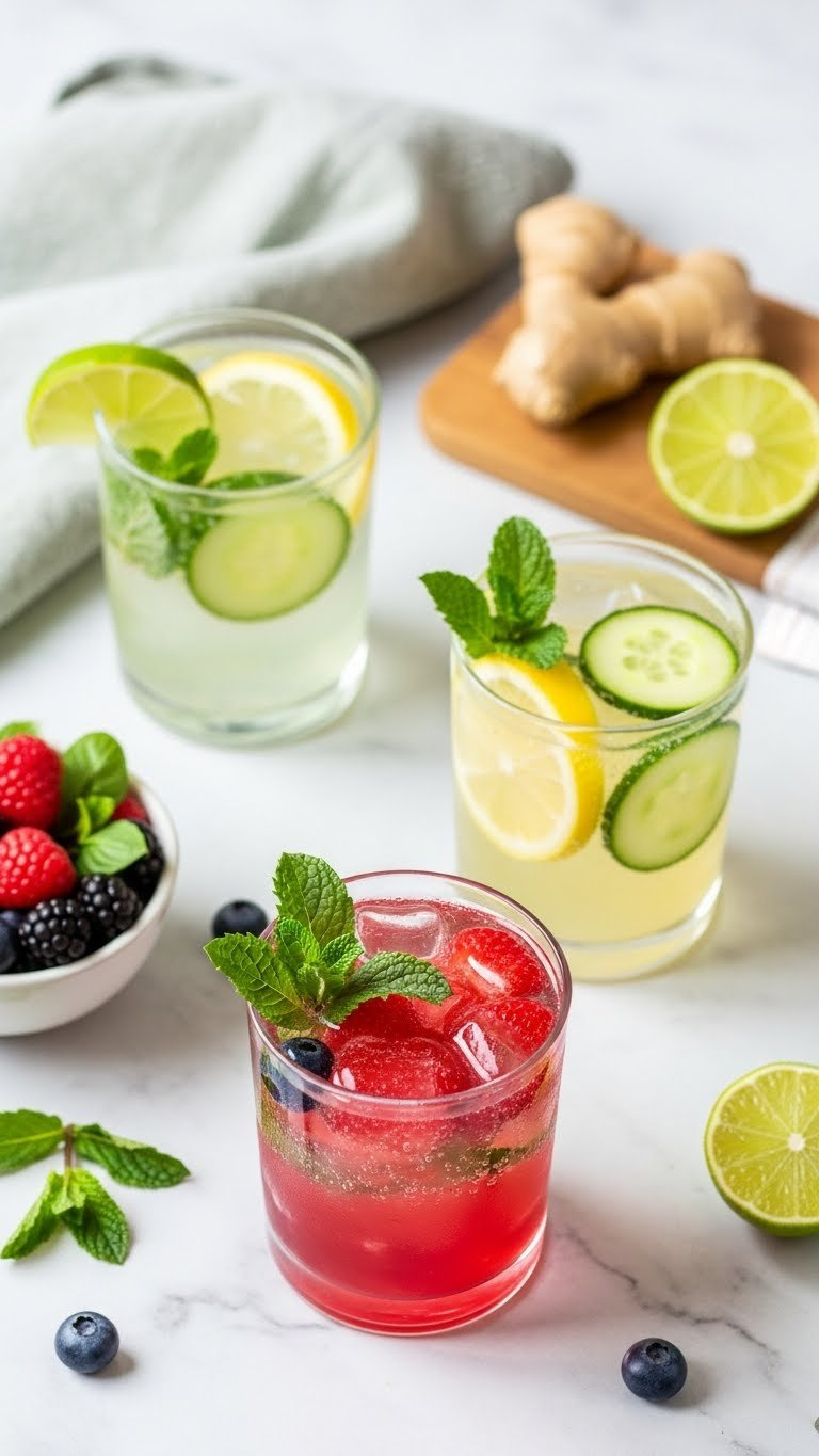 Three Glasses Of Sparkling Water With Strawberry-Basil, Lemon-Ginger, And Cucumber-Mint Infusions Arranged On Marble Countertop