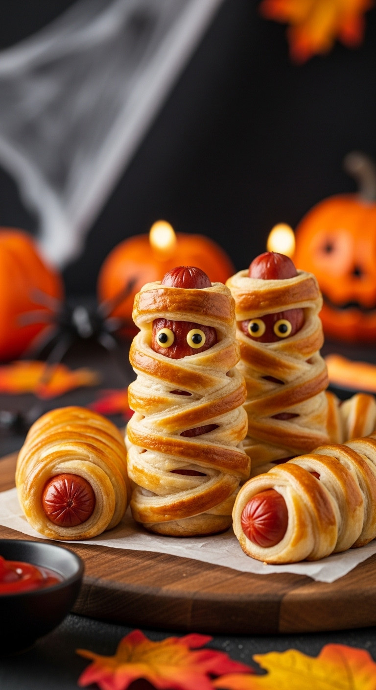 Three Golden-Brown Mummy Hot Dogs With Mustard Eyes On A Rustic Wooden Board, Surrounded By Halloween Party Decor, Ketchup, And Autumn Leaves, Creating A Cozy Spooky Snack.