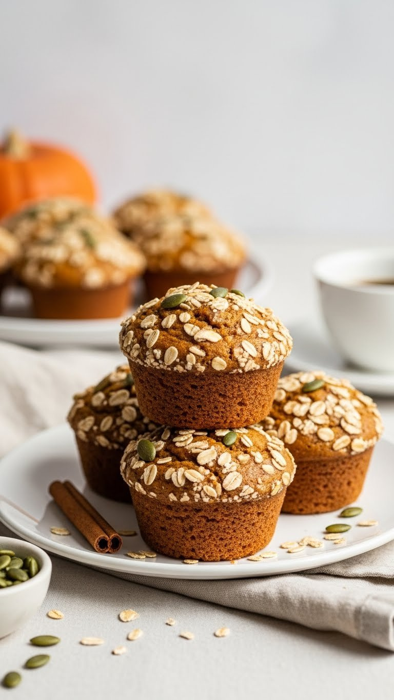 Three Golden-Brown Pumpkin Muffins With Cinnamon Sugar Topping On Linen Tablecloth With Pumpkin Seeds And Coffee Nearby