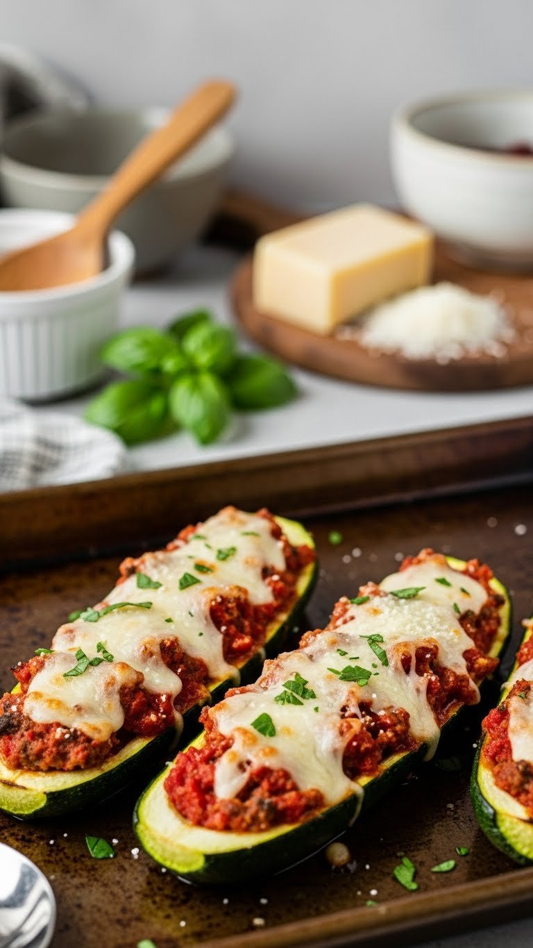 Three Golden Brown Zucchini Boats Filled With Italian Sausage Marinara And Melted Mozzarella Cheese On Rustic Baking Sheet With Fresh Basil Garnish