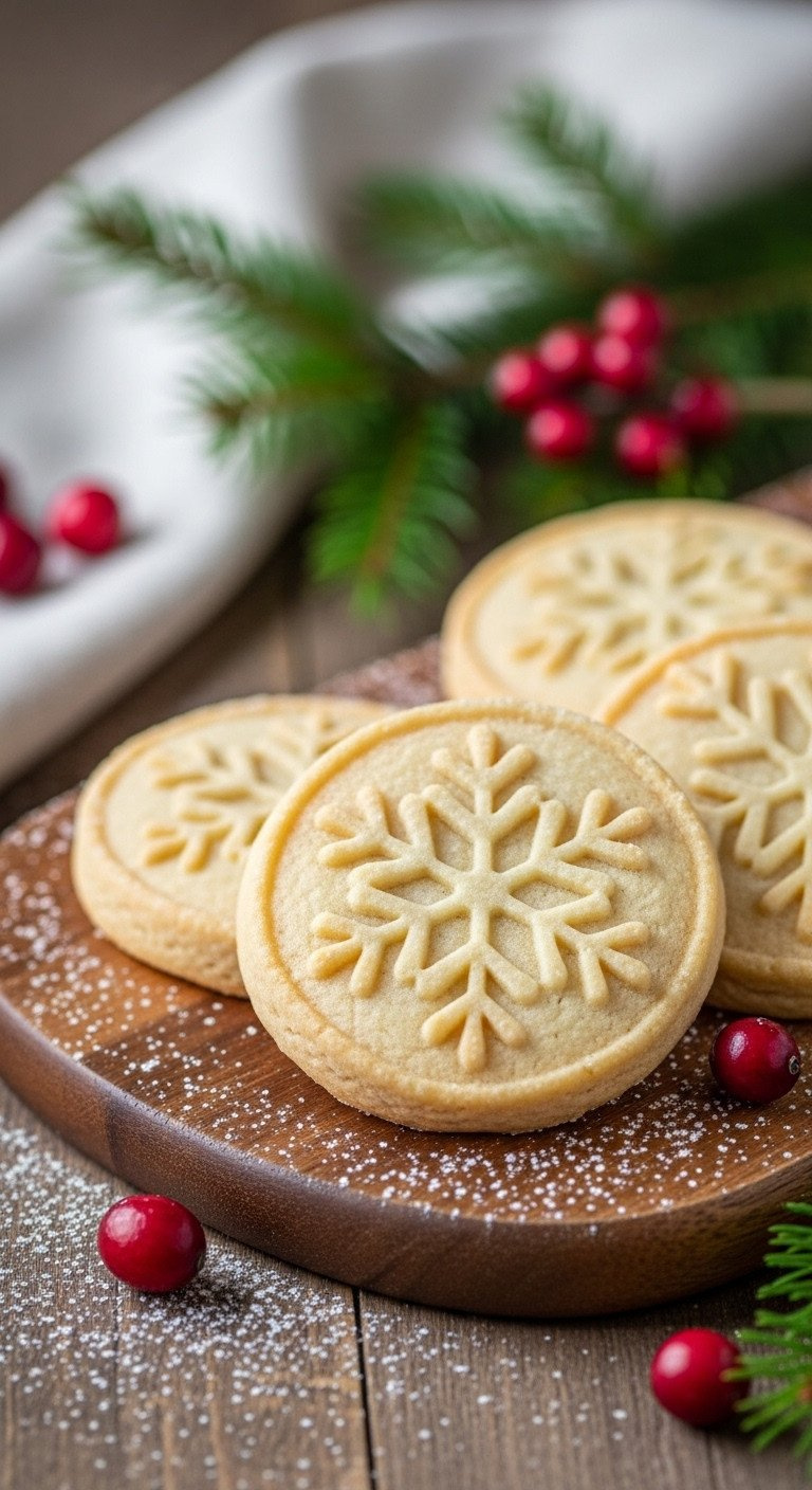 Three Golden Stamped Shortbread Cookies With Intricate Snowflake Patterns On A Rustic Board, Dusted With Powdered Sugar.