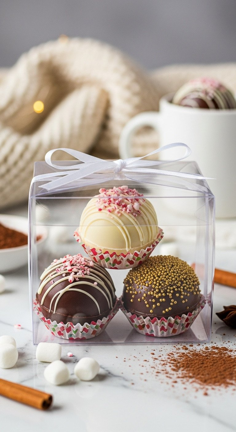 Three Gourmet Hot Cocoa Bombs Decorated With Peppermint And Sprinkles In A Gift Box On A White Marble Countertop.